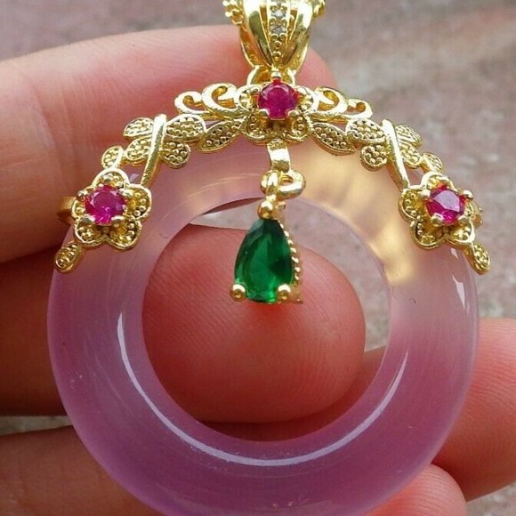 Yellow Gold Plate Lavender AGATE JADE PENDANT Circle Diamond Imitation 323405